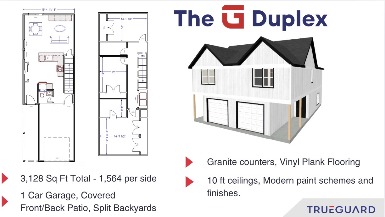 Owner-supplied TG Duplex plans and specs sheet showing the ground and upper level floor plans, a rendering of the two-story home, and the printed specifications