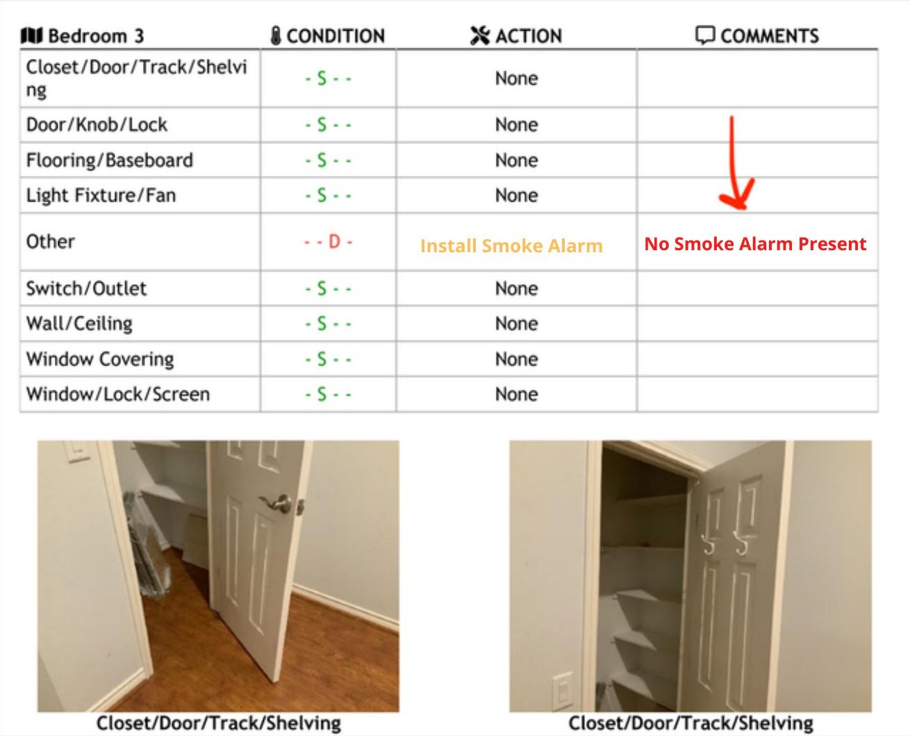 Zinspector report for a bedroom flagging a missing smoke alarm, with closet photos