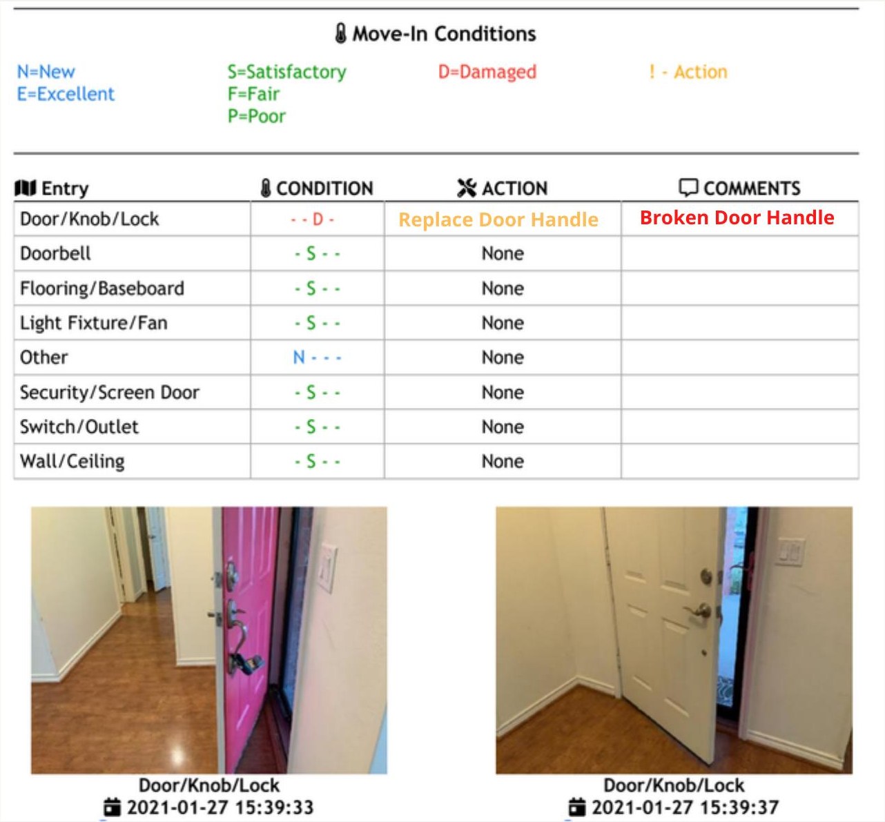 Zinspector move-in report flagging a broken door handle with time-stamped photos