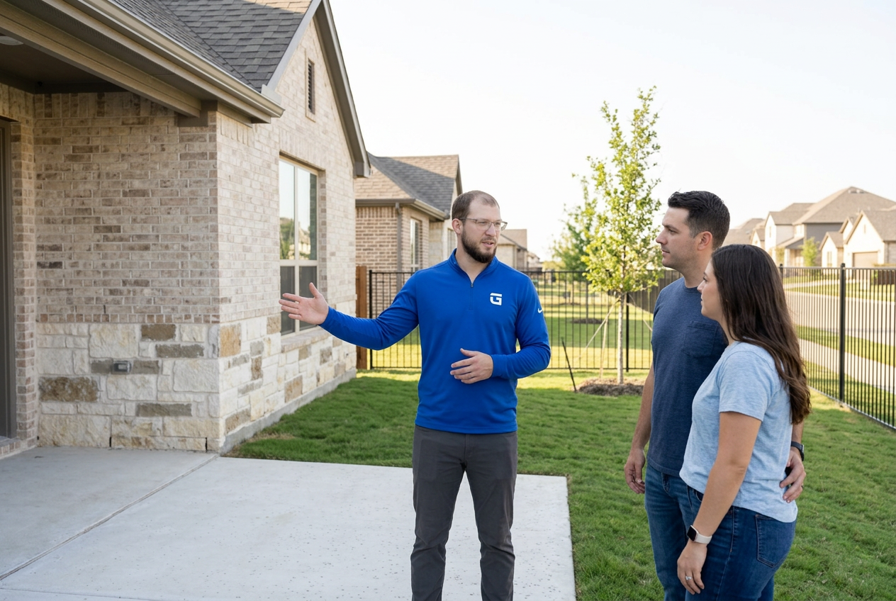 Cody Murphy showing a couple the backyard of a newly built home
