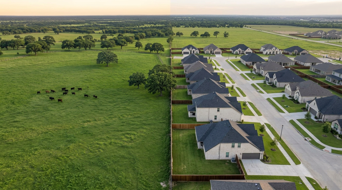 Illustrative aerial view of cattle pasture beside newly built North Texas homes