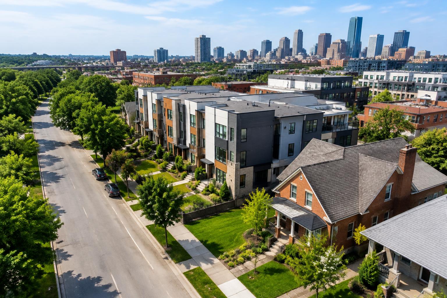 Illustrative aerial view of North Texas homes and townhouses near Fort Worth