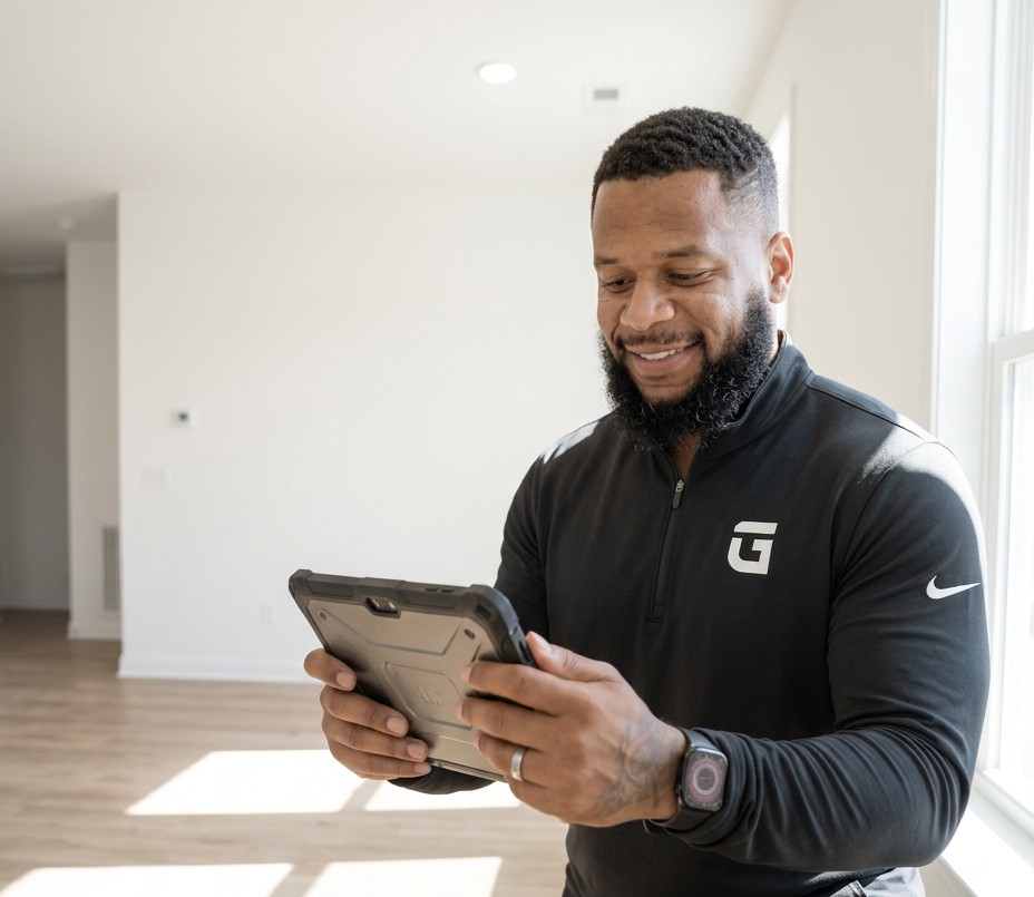 DeSean Thomas documenting a baseboard during a home assessment