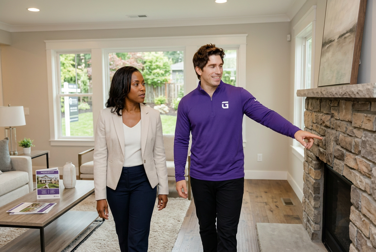 Mark Laird walking a client through the living room of a home