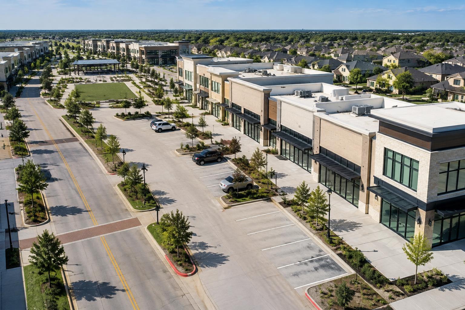 Illustrative aerial view of commercial leasing spaces beside a residential neighborhood