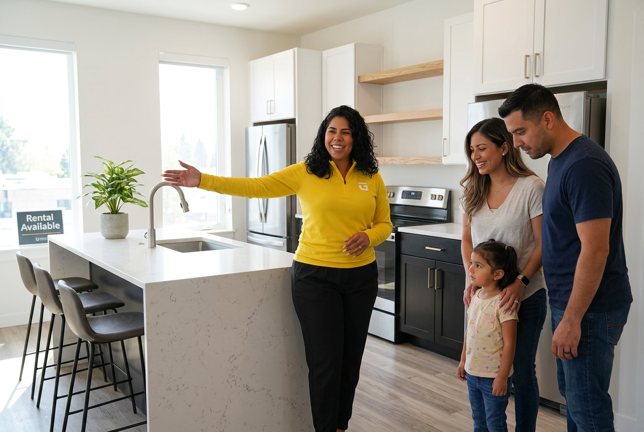 Priscilla Ibarra showing a rental kitchen to a prospective tenant family