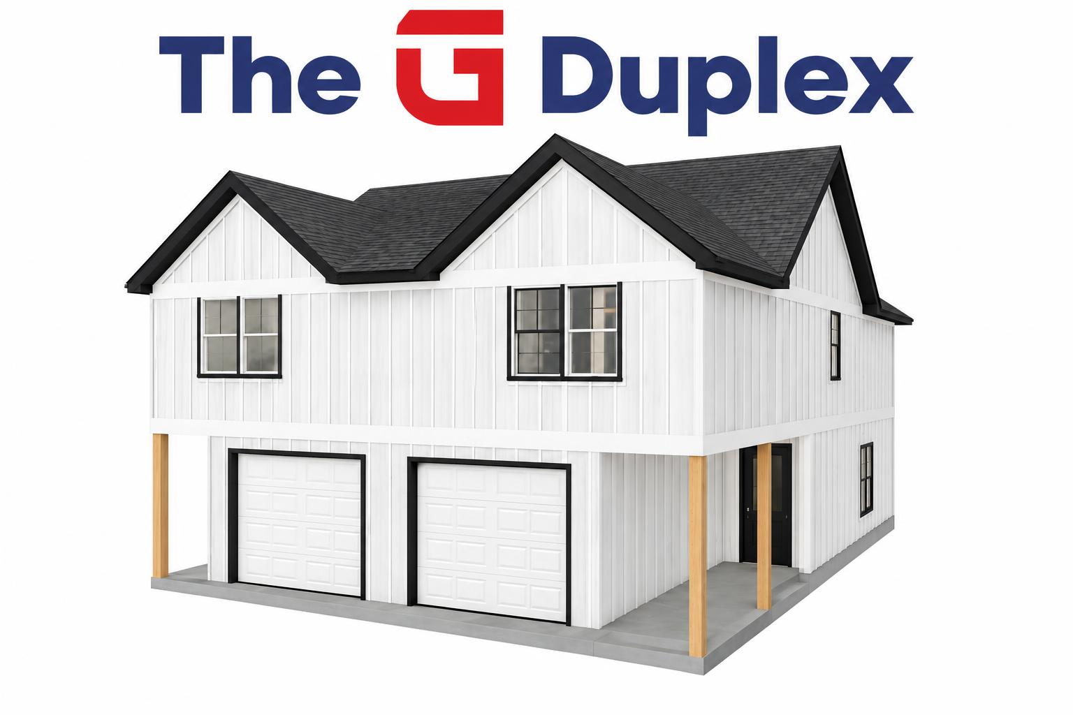 Updated concept rendering of the owner-supplied two-story TG Duplex design on a white background, with two front garages and timber porch posts