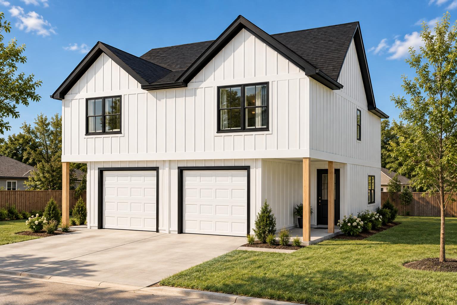 Concept rendering of the TG Duplex with white board-and-batten siding, black gabled roofs and two front garages