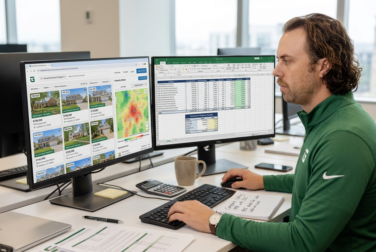 Tom Lail at his desk analyzing investment properties on two monitors