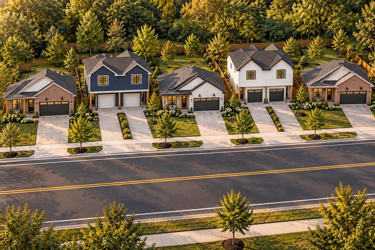 Aerial concept rendering of three single-story TG Homes and two two-story TG Duplex buildings