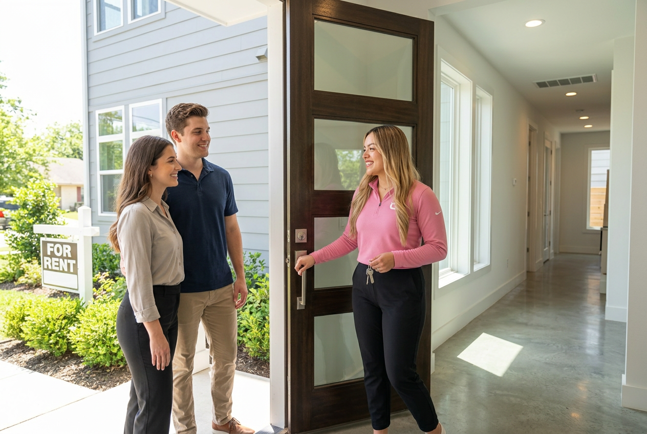 Vanesa Montoya opening the front door of a rental home for prospective tenants