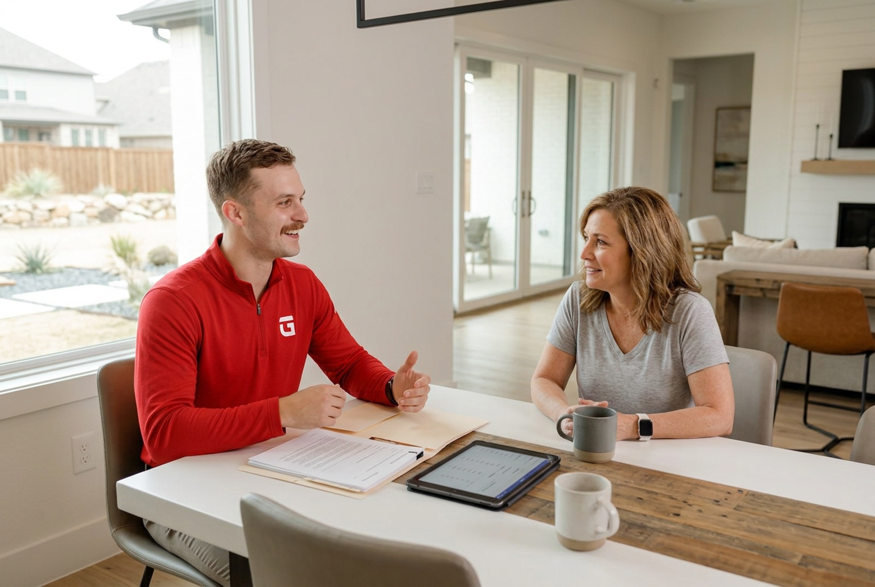 Victor Smargiasso at a dining table with a homeowner discussing TrueGuard management