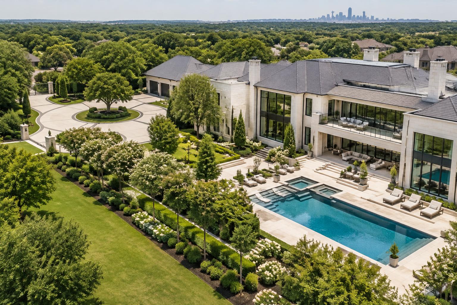 Illustrative aerial view of a luxury residential estate with a pool